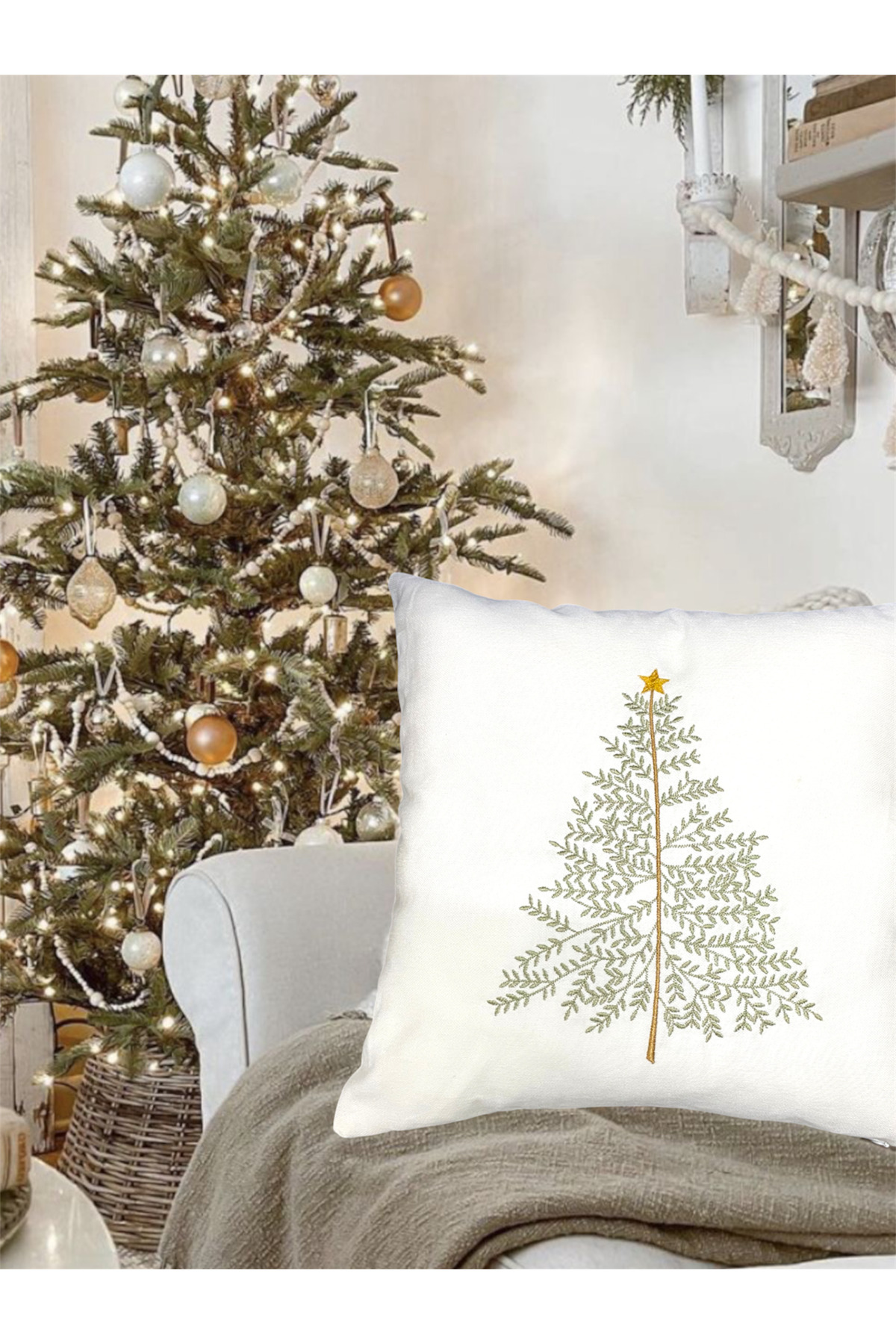 Embroidered Christmas Tree Cushion Cover