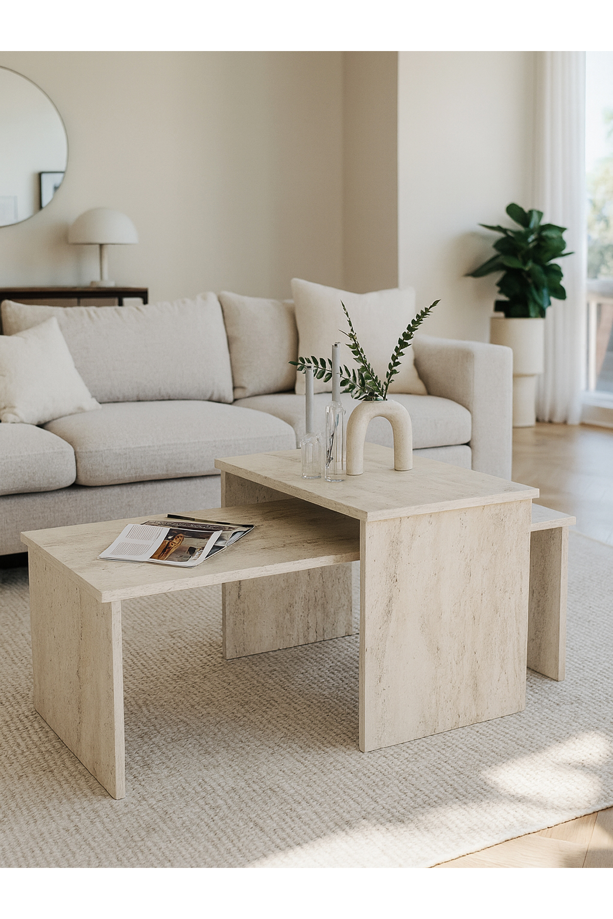 Adjustable modular pair coffee table, travertine Cosmos