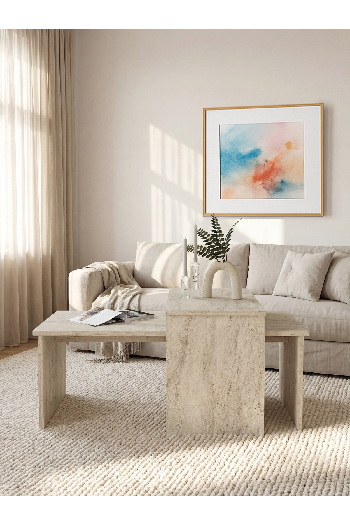 Adjustable modular pair coffee table, travertine Cosmos