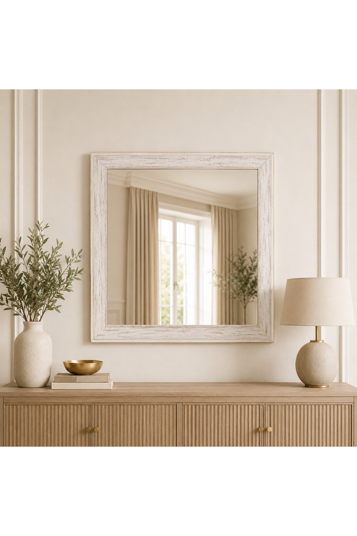 Antique white framed mirror