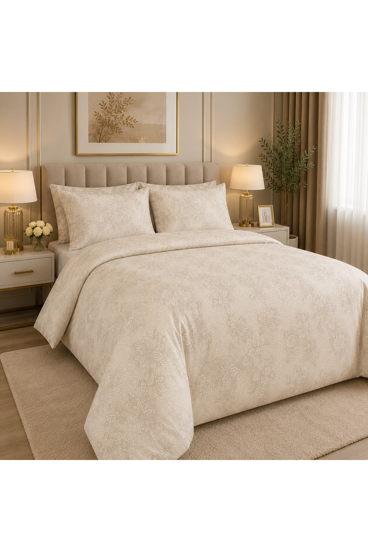 100% cotton floral double duvet set with fitted sheet, 4 pieces — Beige