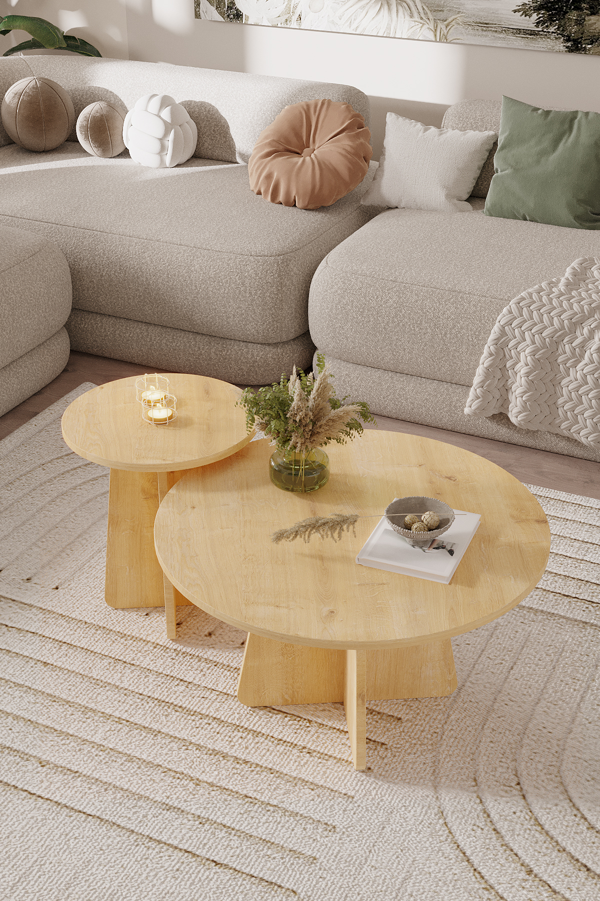 NORD pair coffee tables 72 cm + 40 cm, round travertine — Sapphire oak