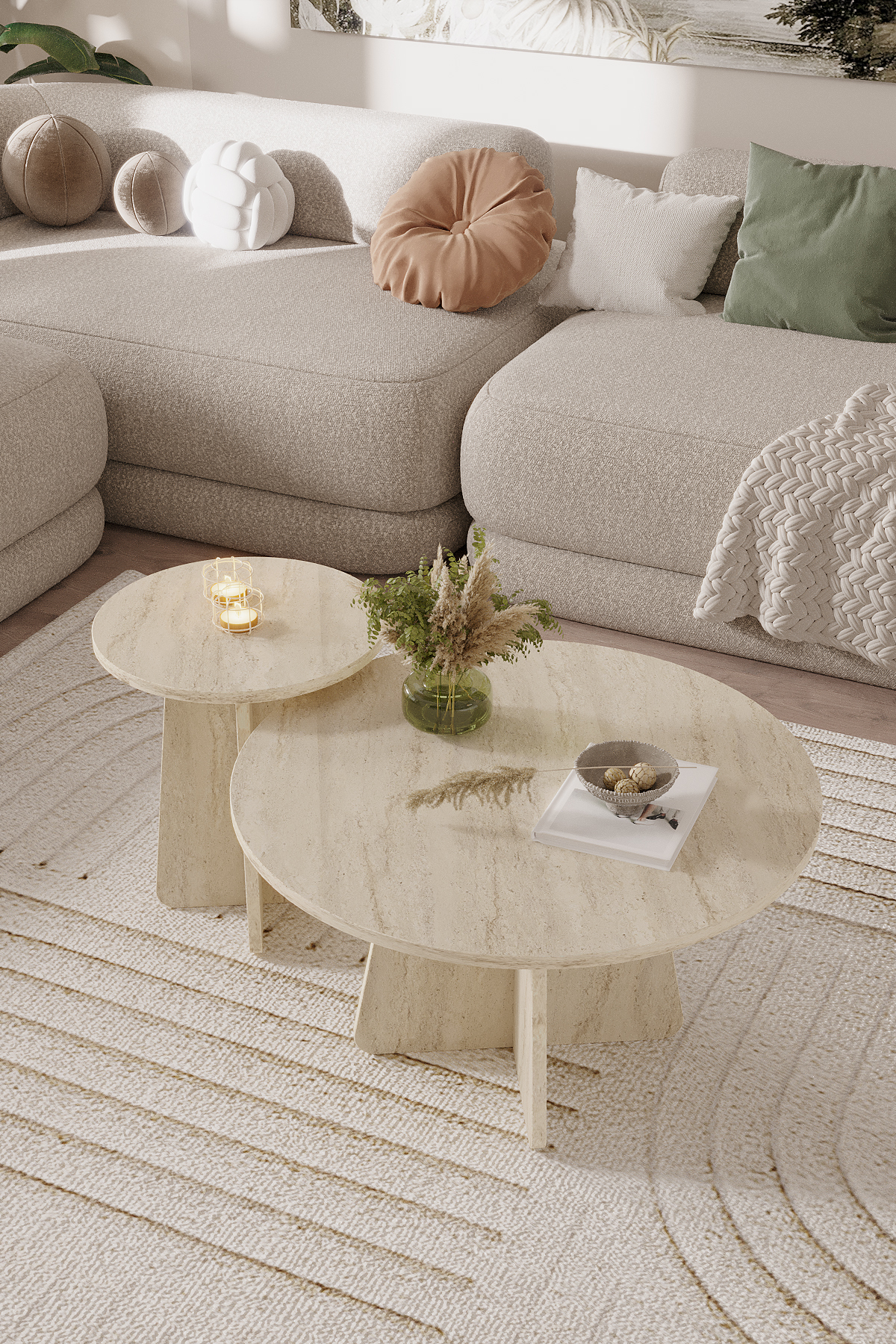 NORD pair coffee tables 72 cm + 40 cm, round travertine — Travertine