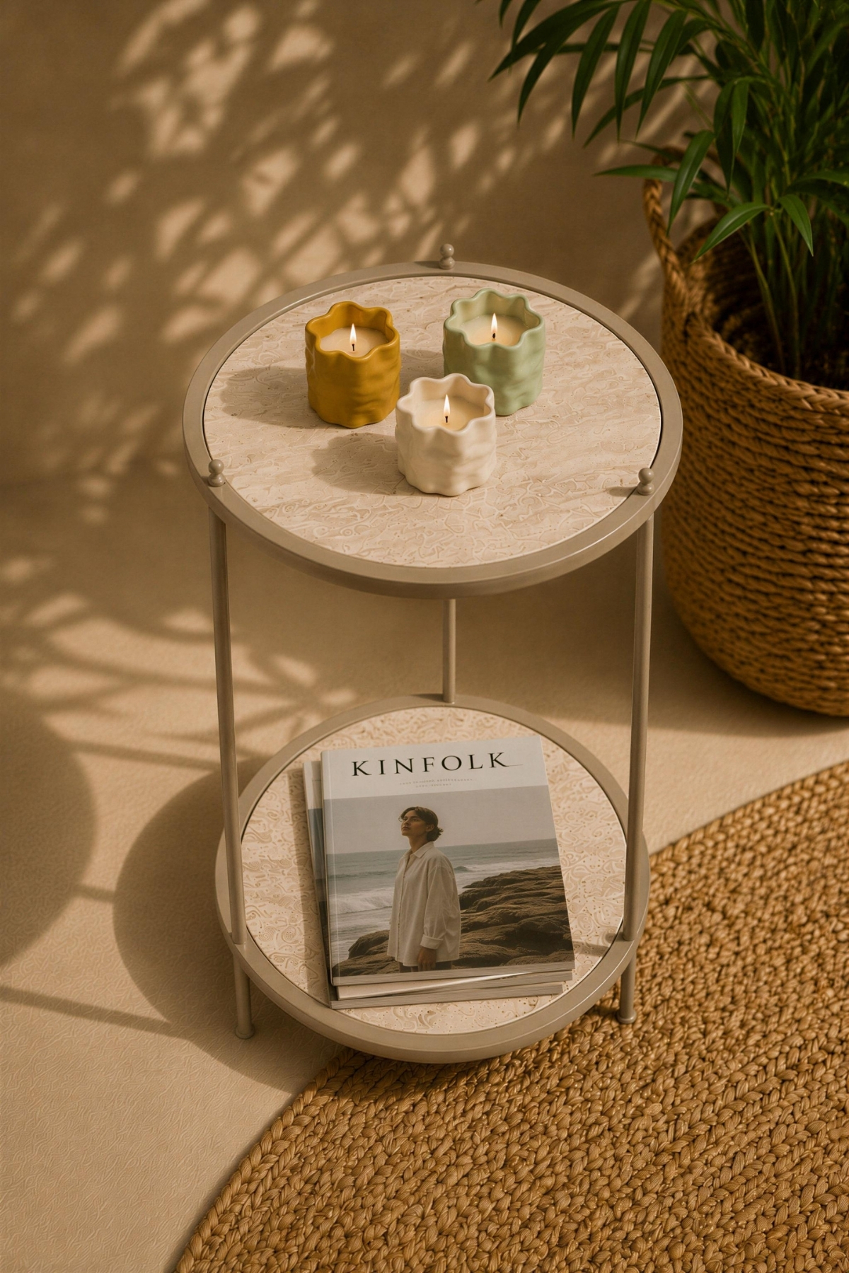 Two-tier round metal side table, gold marble look, 37x60 cm — Cappuccino Beige