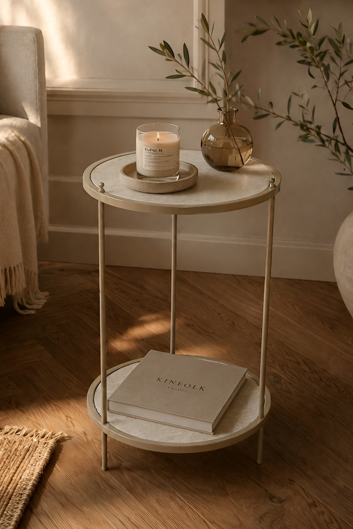 Two-tier round metal side table, gold marble look, 37x60 cm
