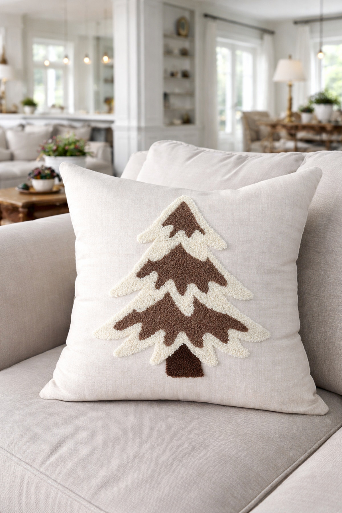 Hello Winter punch-embroidered pillow cover, 50×30 cm — Snowy Pine Tree