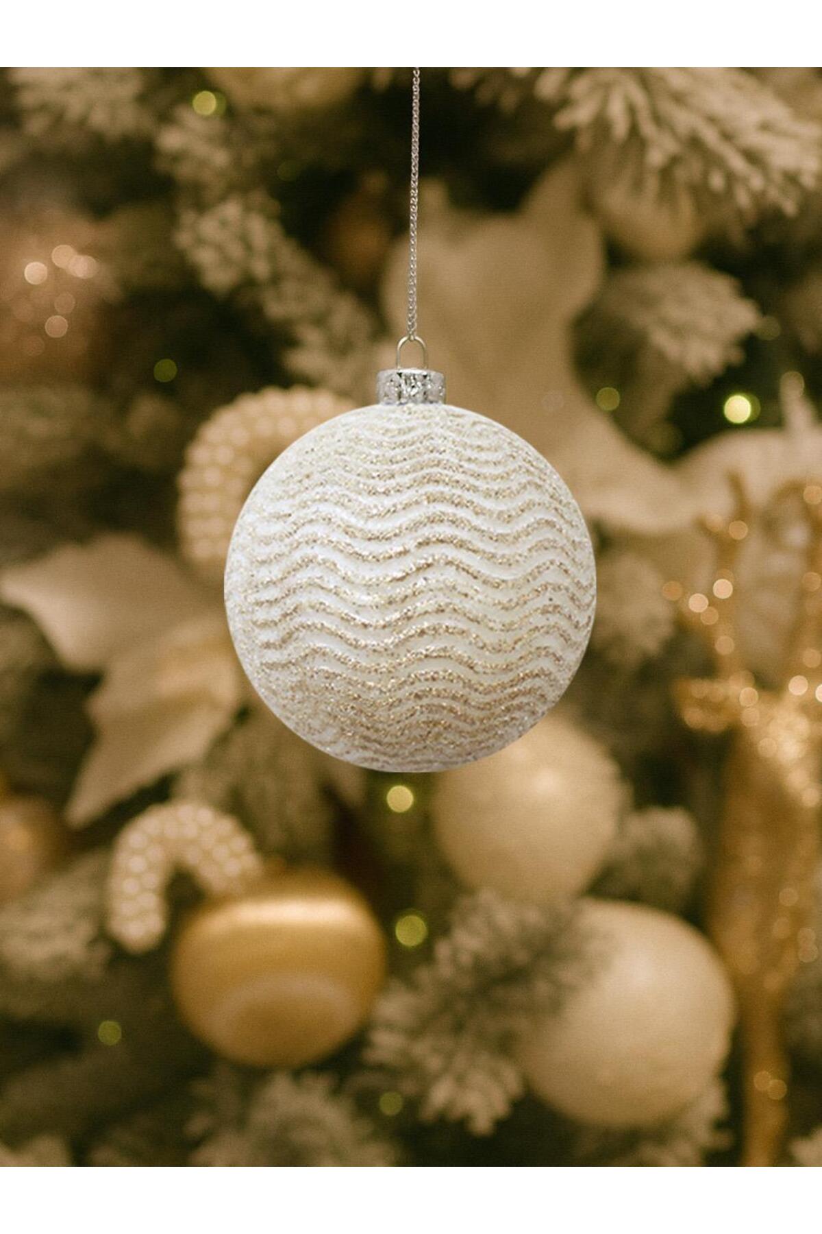 Champagne glitter wave Christmas baubles, 8 cm, set of 3