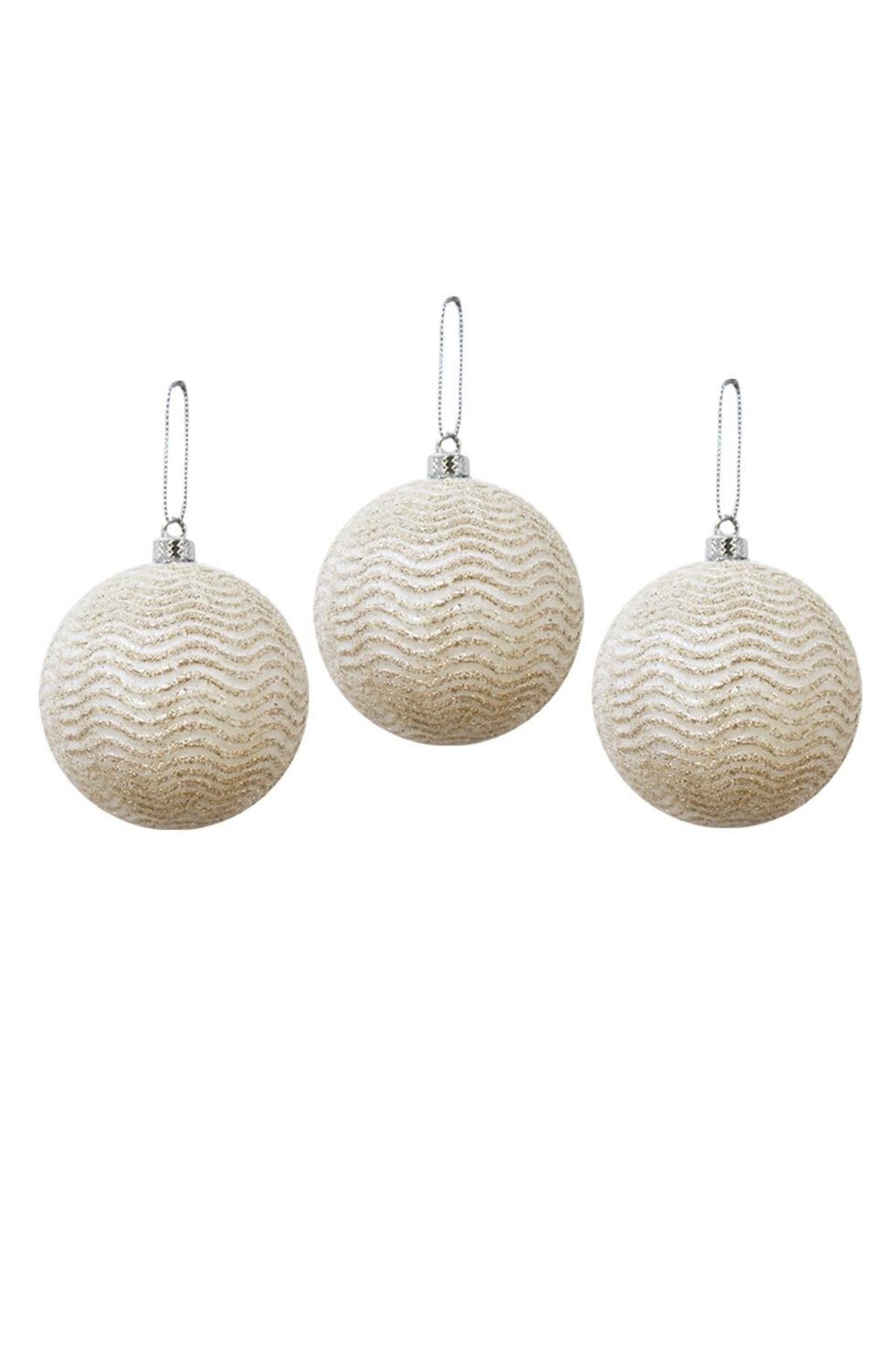 Champagne glitter wave Christmas baubles, 8 cm, set of 3