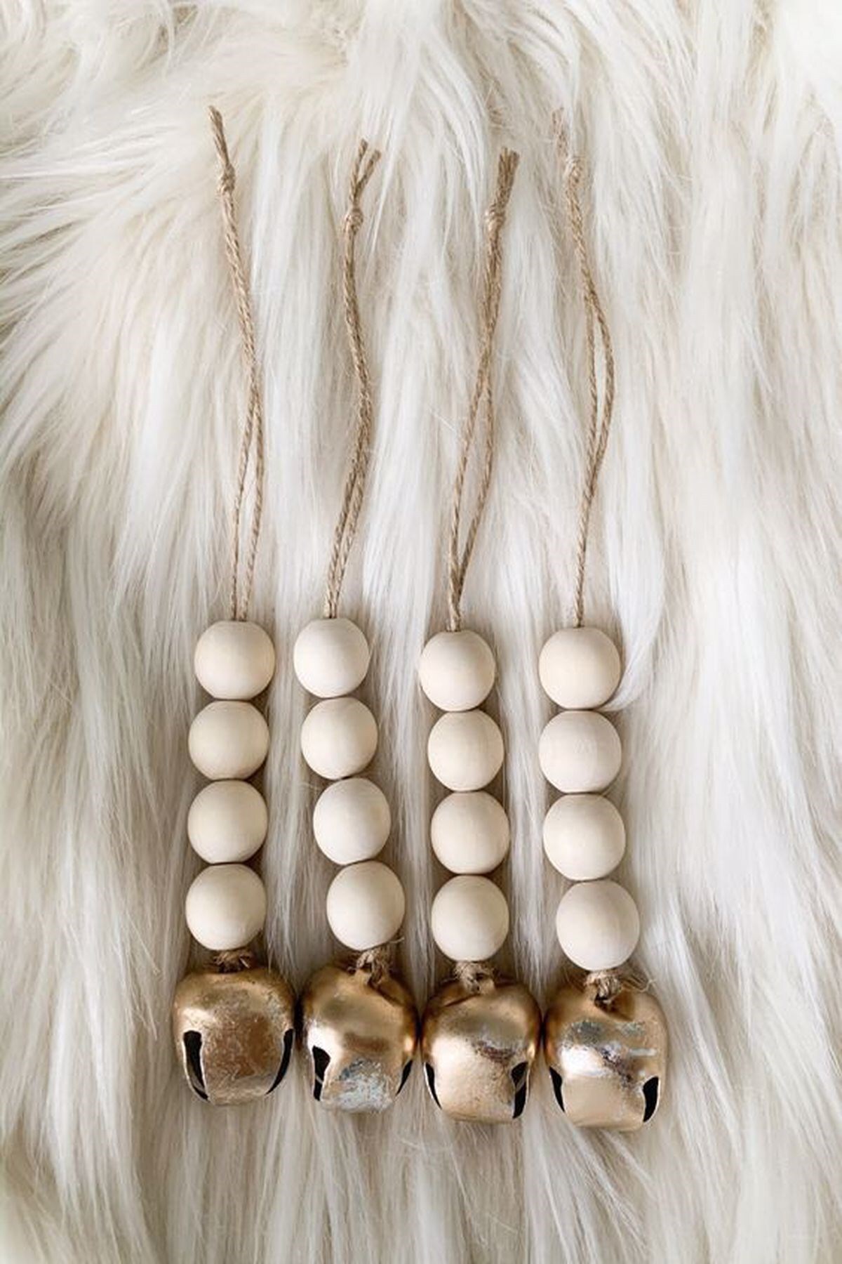 Handmade wooden bead Christmas tree ornaments with bells, set of 4