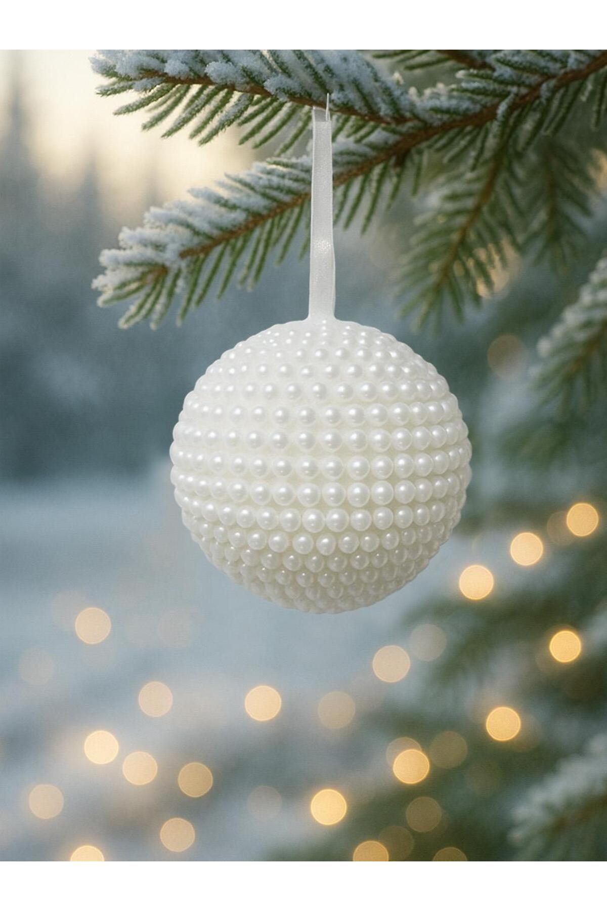 Pearl-coated white Christmas baubles, 10 cm, set of 2