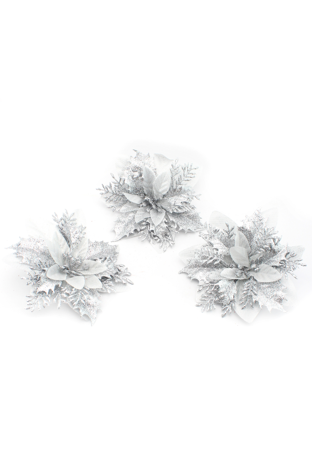 Glitter silver Christmas flowers, 14 cm, set of 3