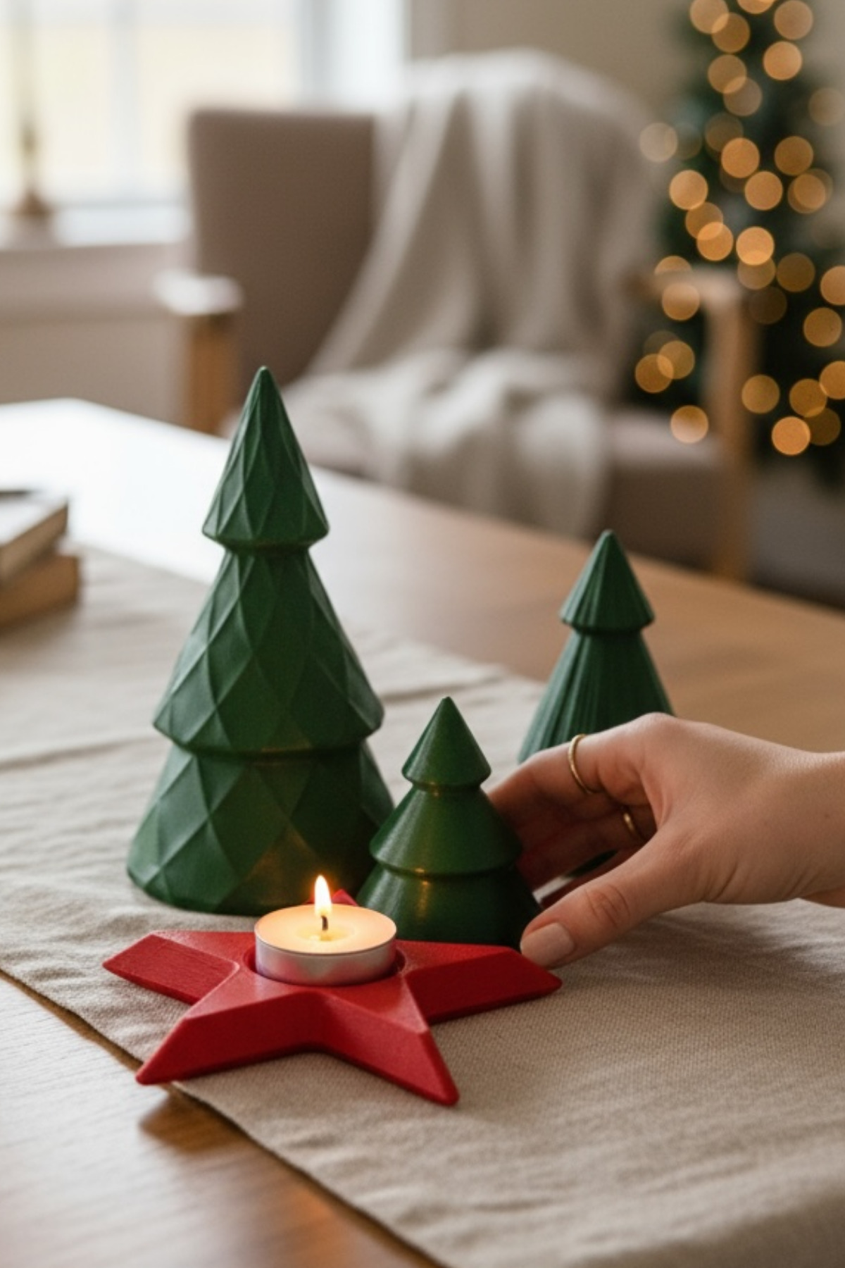 Handmade 4-piece concrete Christmas tree and star set — Multicolor