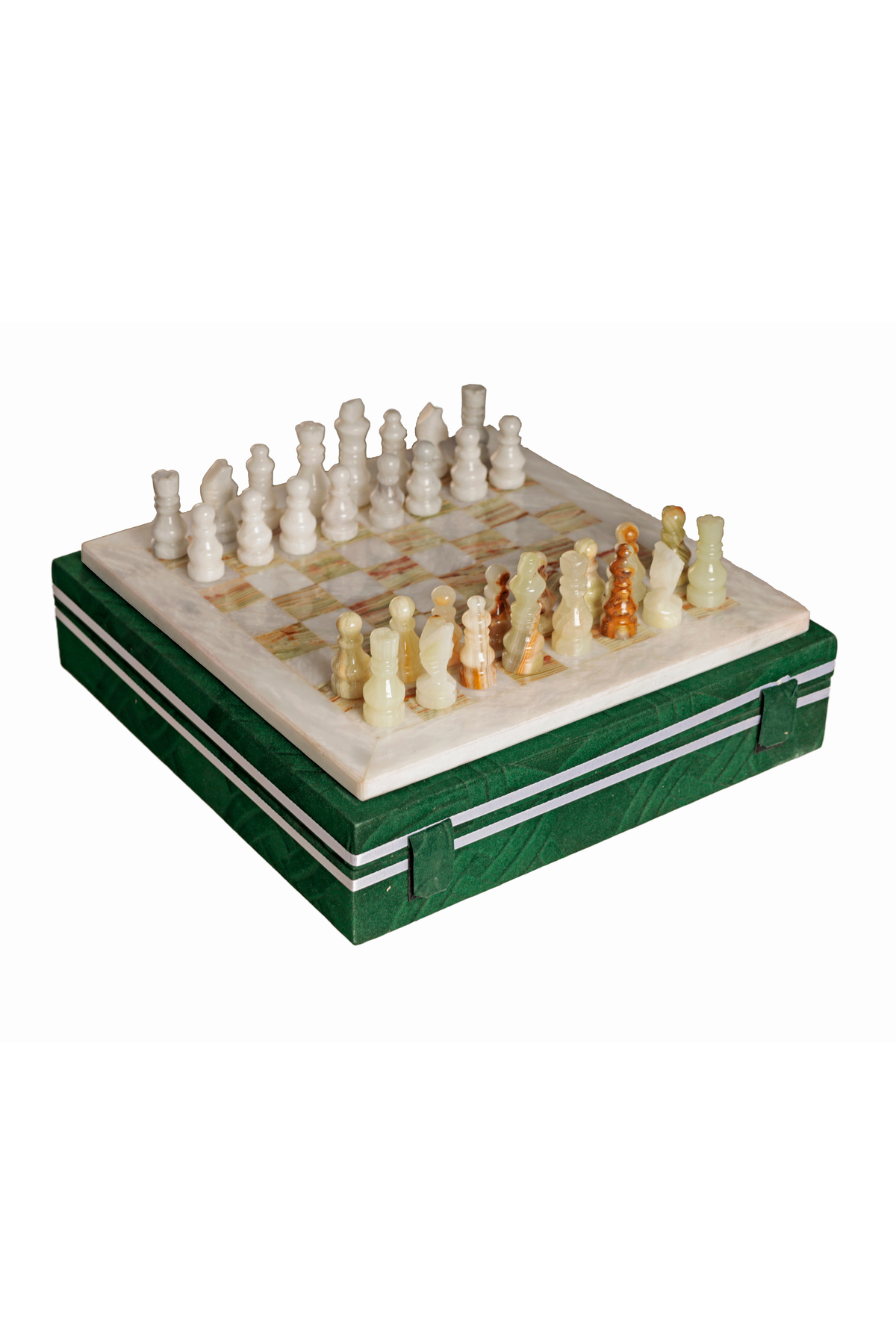 Green onyx chess set with gift box, 30 × 30 cm