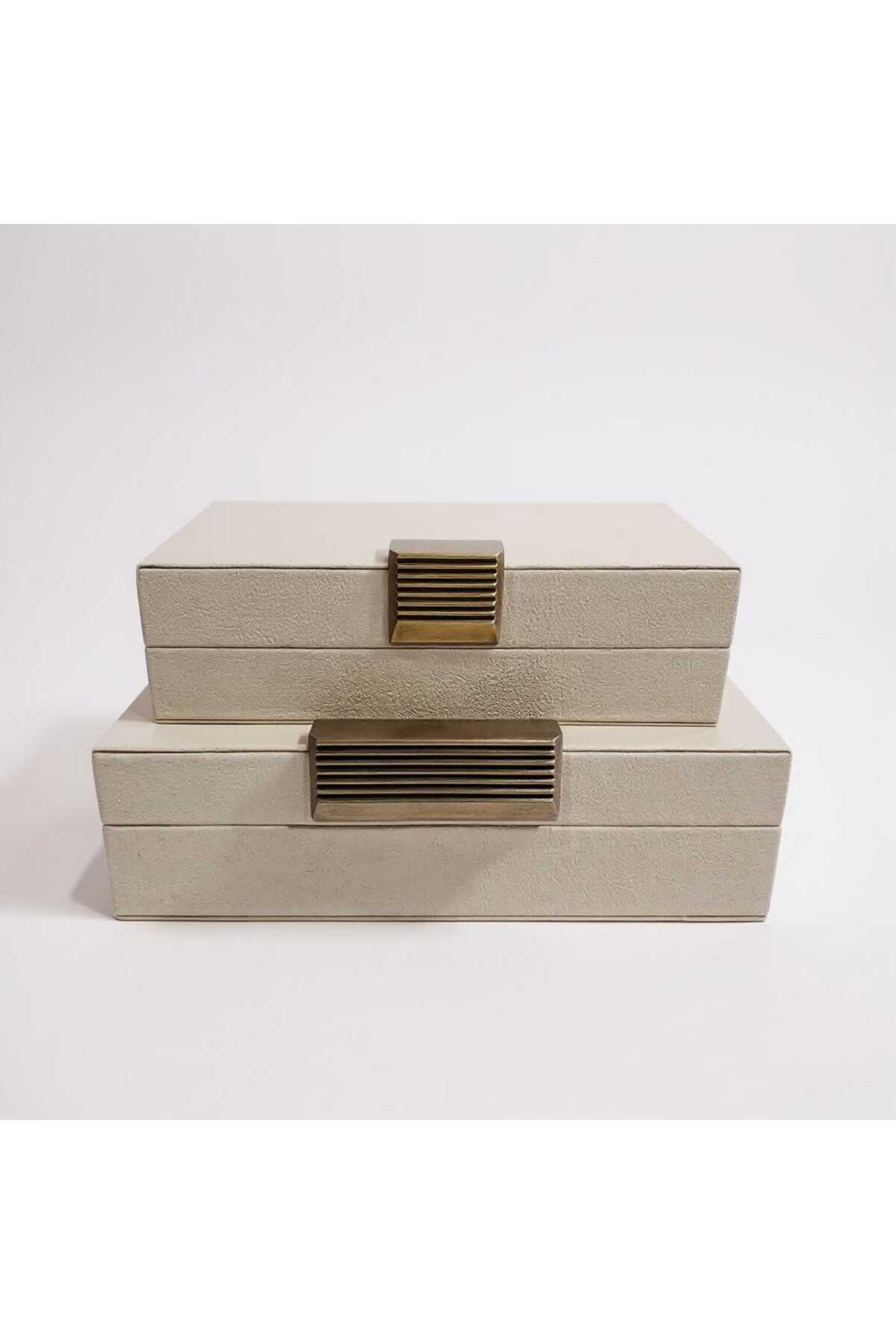 Leather box set with metal trim, 25 × 15 cm — Ecru