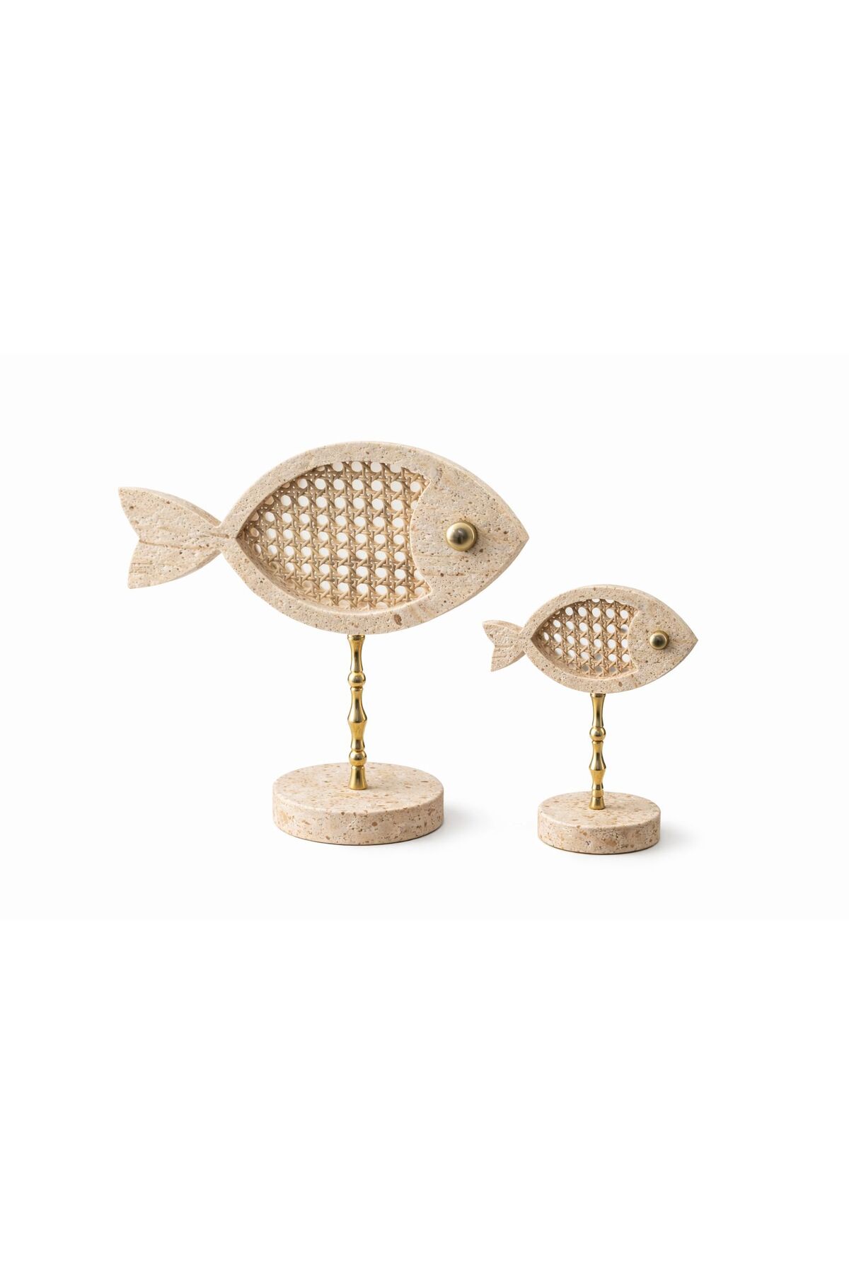 Travertine fish figurines with rattan, set of 2