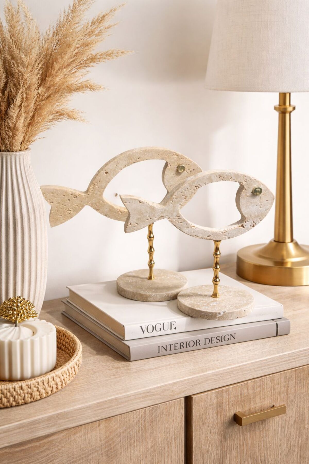 Travertine fish figurines, set of 2