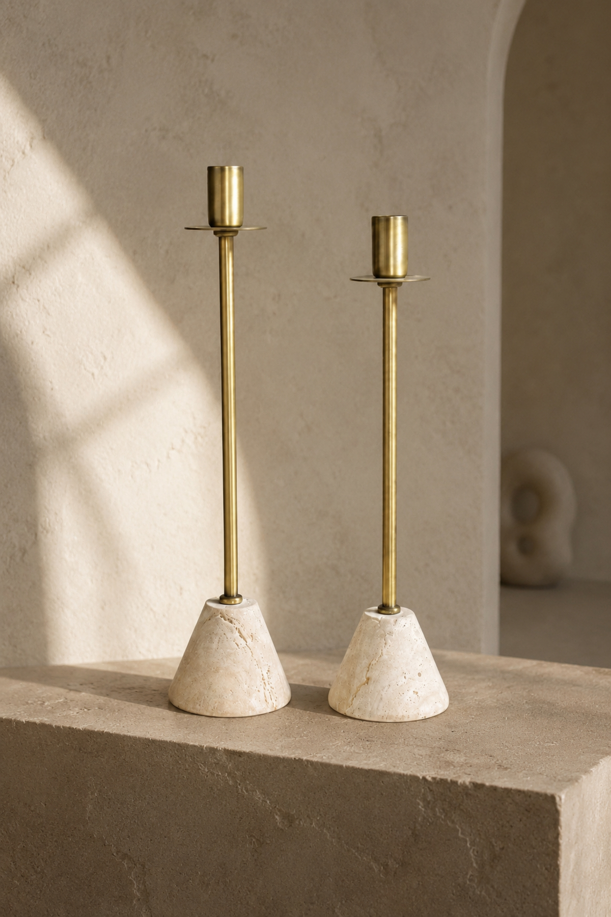 Travertine-base brass candlesticks, set of 2