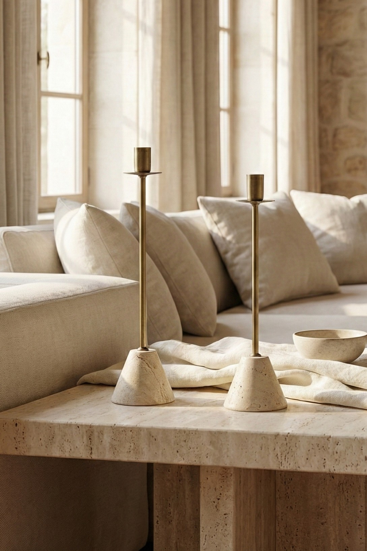 Travertine-base brass candlesticks, set of 2