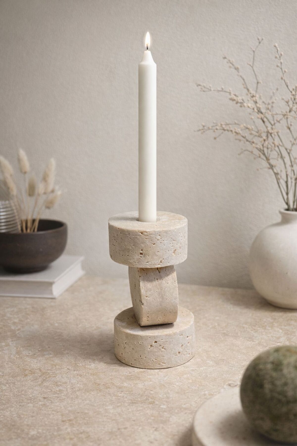 Travertine candle holder, 11 × 7 cm