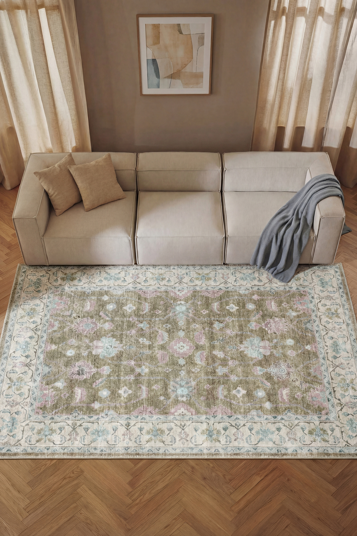 Vintage Chenille Rug Cream Green 3 / 80-x-150