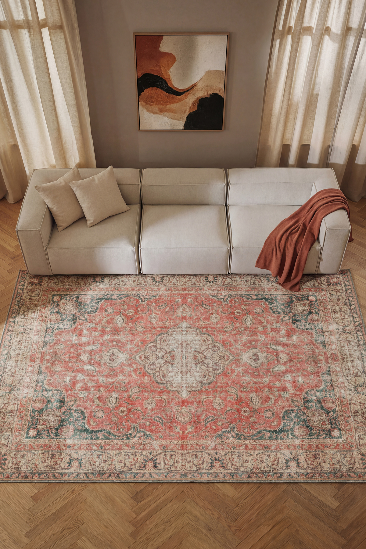 Vintage Chenille Rug Cream Red / 80-x-150