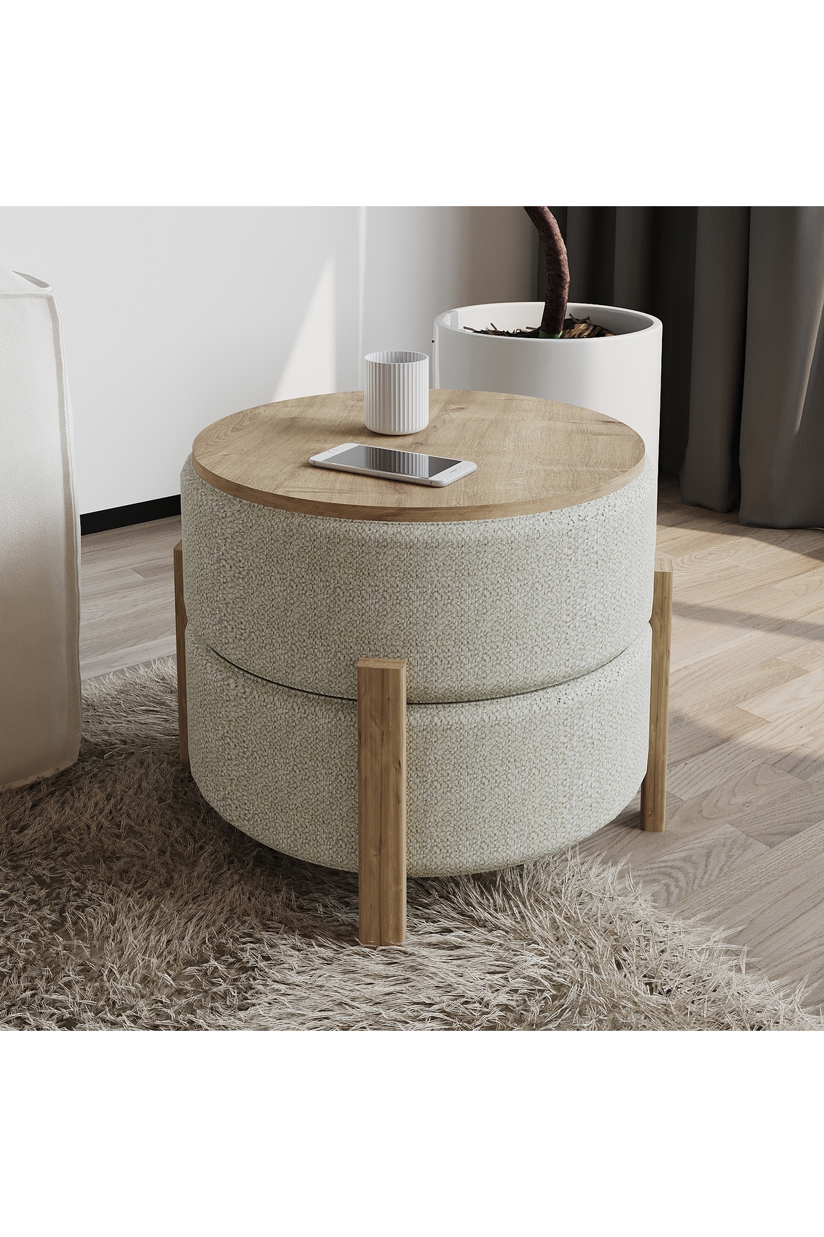 Clone pouf – side table and seat, cream / sapphire oak