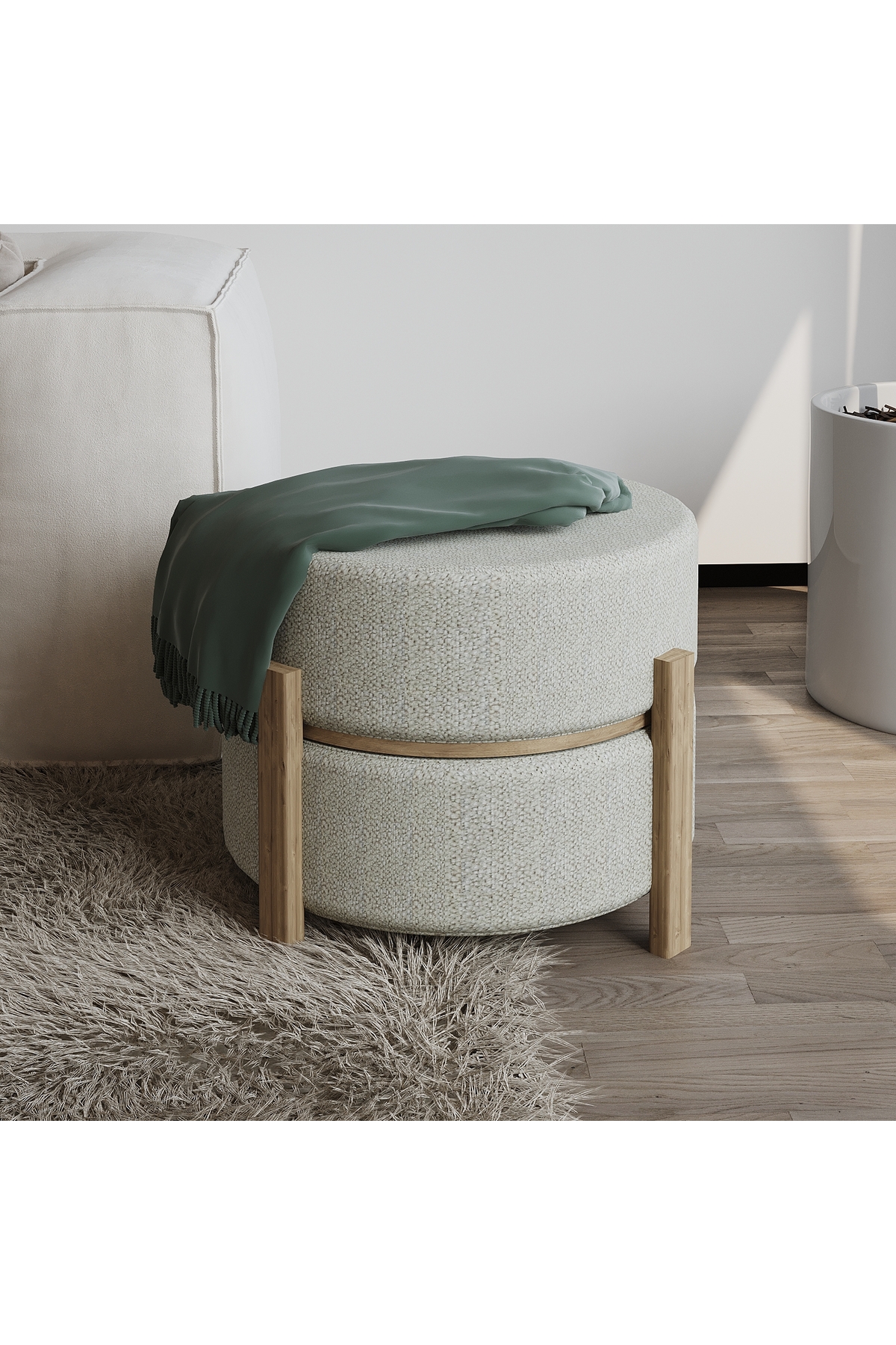 Clone pouf – side table and seat, cream / sapphire oak