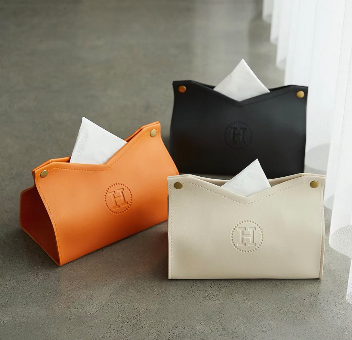 H-embossed leather tissue box cover